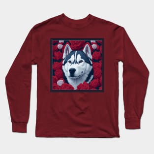 Dogs, Husky and flowers, dog, style vector (red version Siberian Husky) Long Sleeve T-Shirt